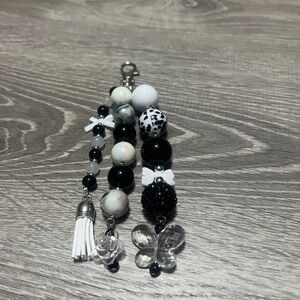 Chunky Black and White Beaded Keychain with Tassel